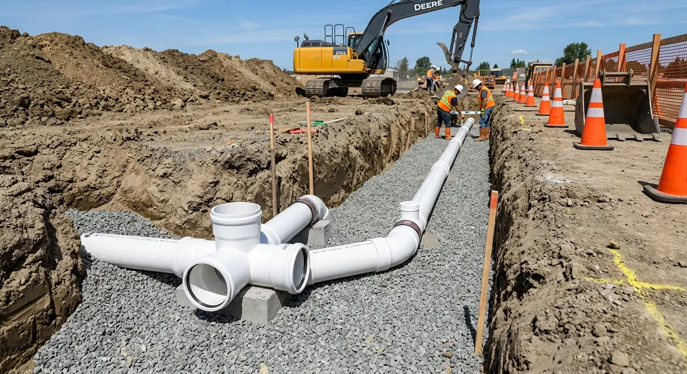 New PVC sewer pipe installation in open trench for Commercial Drain Cleaning in Waynesboro